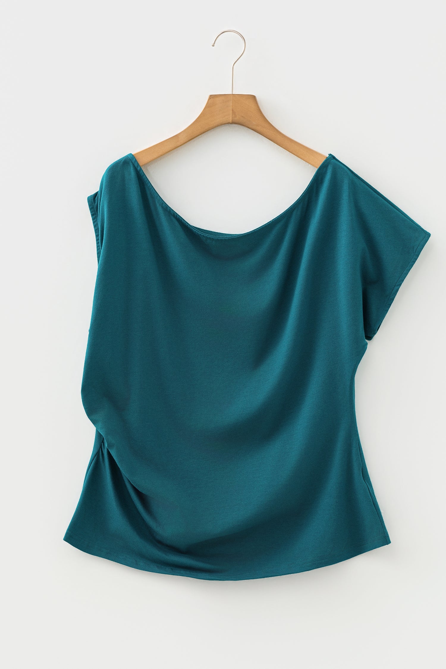 Blue Sapphire Plus Size Solid Color Asymmetric Neck Short Sleeve Blouse - Snoopy's Closet