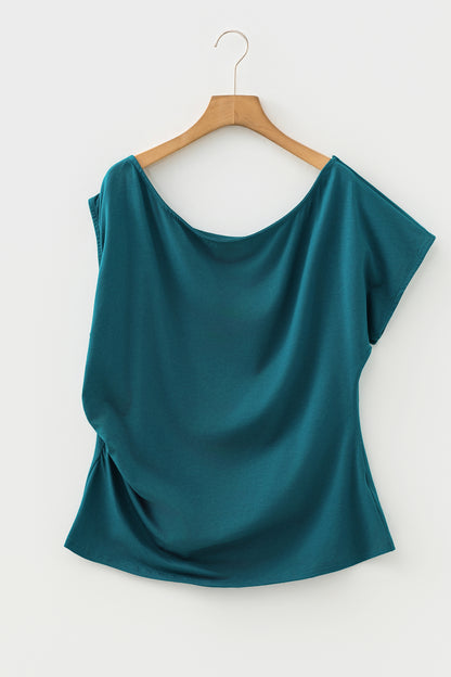 Blue Sapphire Plus Size Solid Color Asymmetric Neck Short Sleeve Blouse - Snoopy's Closet