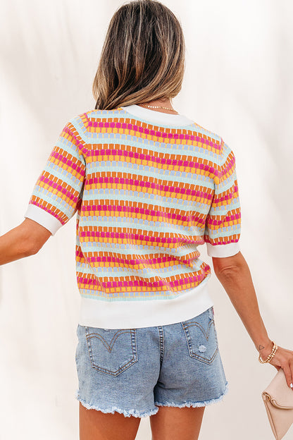 Orange Abstract Striped Knit Short Sleeve Sweater - Snoopy's Closet