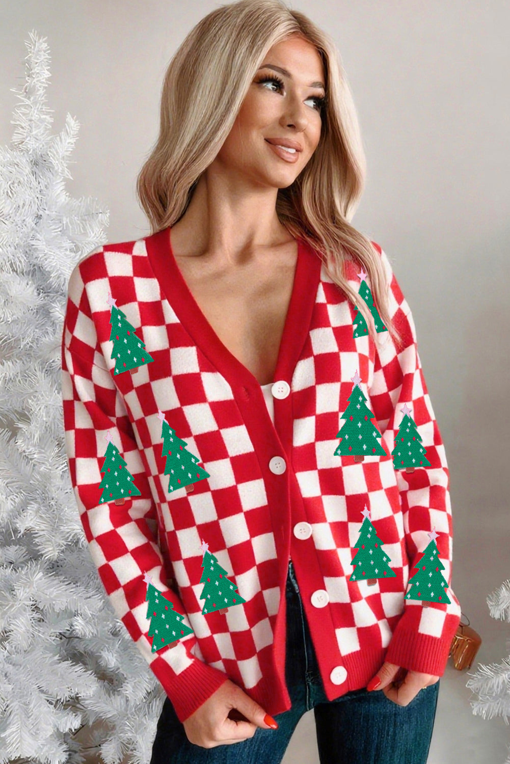 Suéter de punto cárdigan con cuello en V y estampado de árbol de Navidad a cuadros rojos