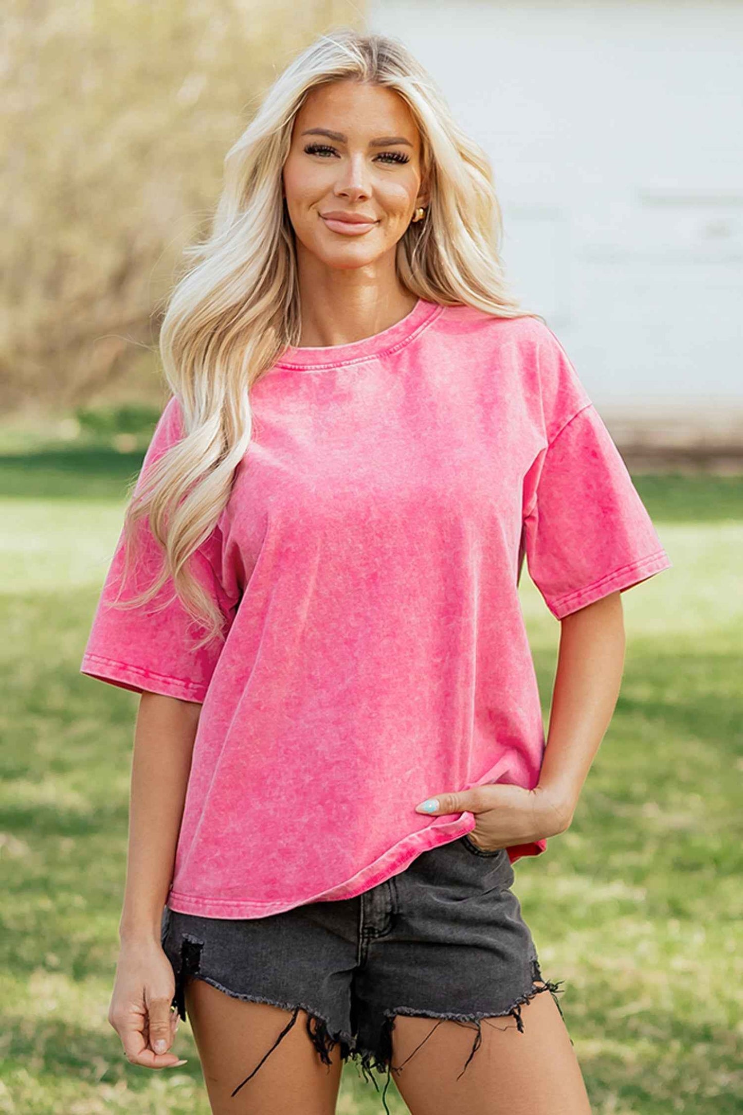 Dark Grey Solid Color Cotton Mineral Washed Oversize Tee