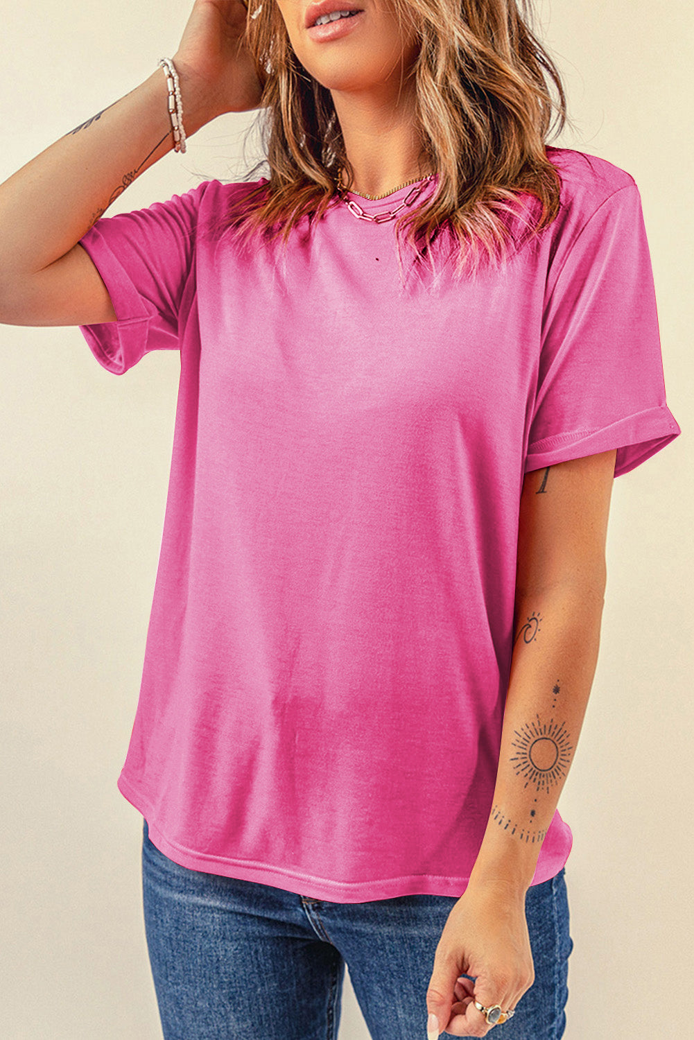 Sachet Pink Bright Casual Plain Crew Neck Tee - Snoopy's Closet