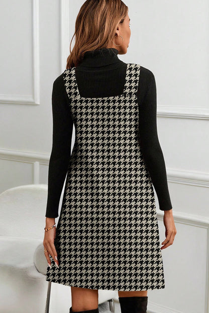 Khaki Houndstooth Print V Neck Sleeveless Mini Dress - Snoopy's Closet