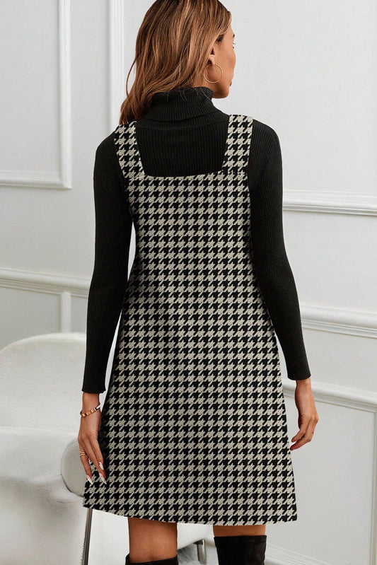 Khaki Houndstooth Print V Neck Sleeveless Mini Dress - Snoopy's Closet