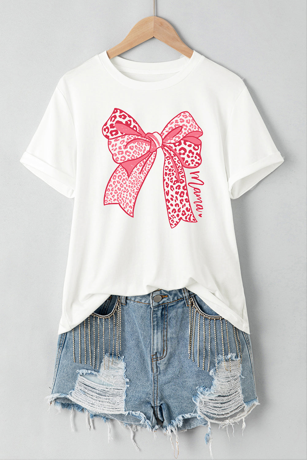 Camiseta de Moda para el Día de la Madre con Gráfico de Lazo y Leopardo Blanco