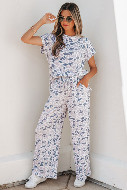 Beige Camouflage Print Twisted Rib Loose Tee Drawstring Pants Set - Snoopy's Closet
