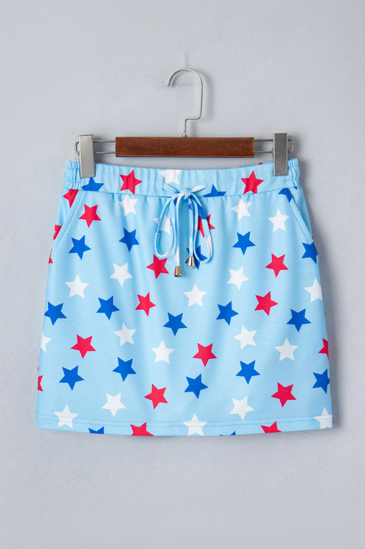 Sky Blue Patriotic Star Printed Beaded Drawstring Mini Skort - Snoopy's Closet