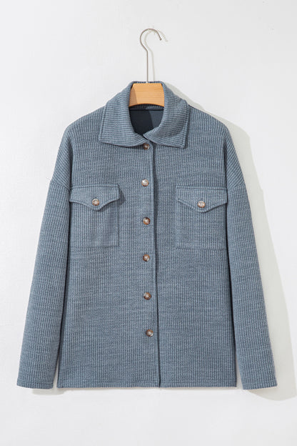 Chaqueta casual de punto acanalado gris medio con botones y bolsillos de solapa delanteros
