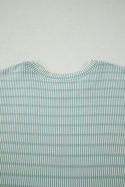Green Stripe Raised Rib Loose Tee Drawstring Elastic Waist 2pcs Short Set