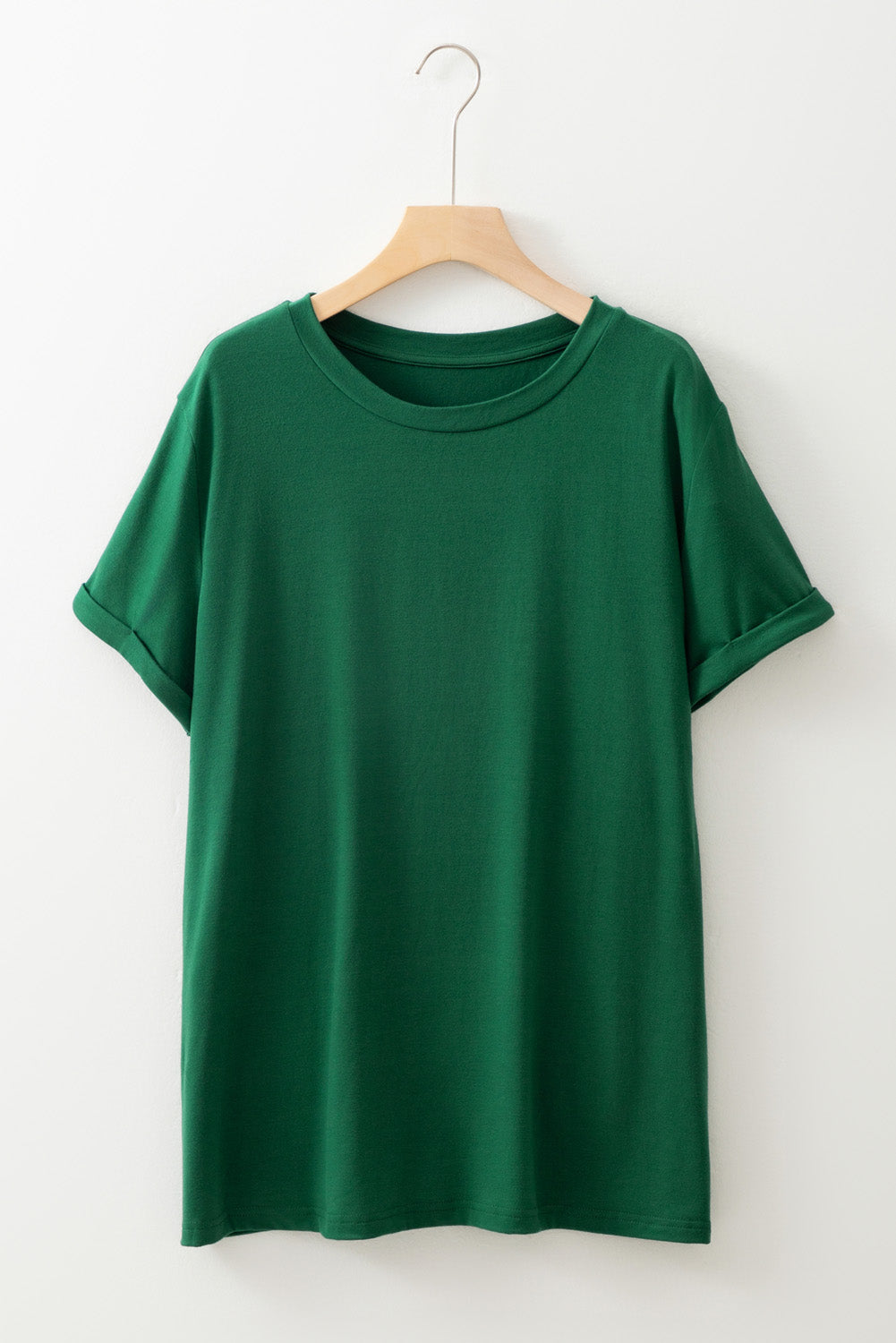 Dark Green Round Neck Rolled Sleeve Plus Size T-shirt - Snoopy's Closet