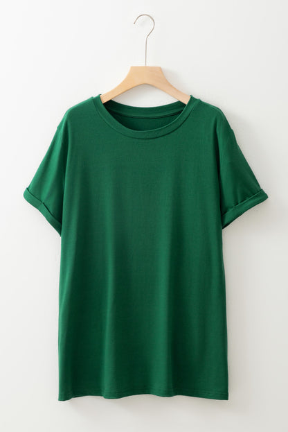 Dark Green Round Neck Rolled Sleeve Plus Size T-shirt - Snoopy's Closet
