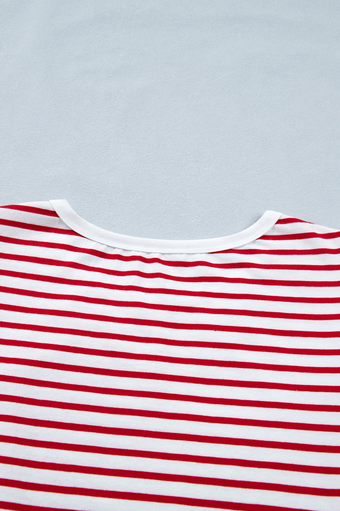 Red Stripe Contrast Trim Round Neck Short Puff Sleeve T Shirt - Snoopy's Closet