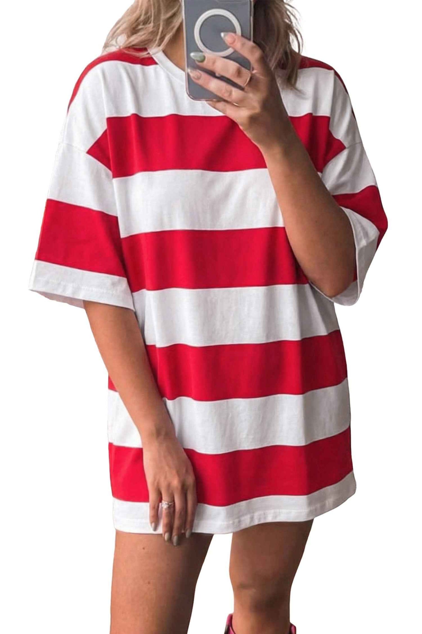 Bright Pink Striped Color Block Oversize Tunic Tee