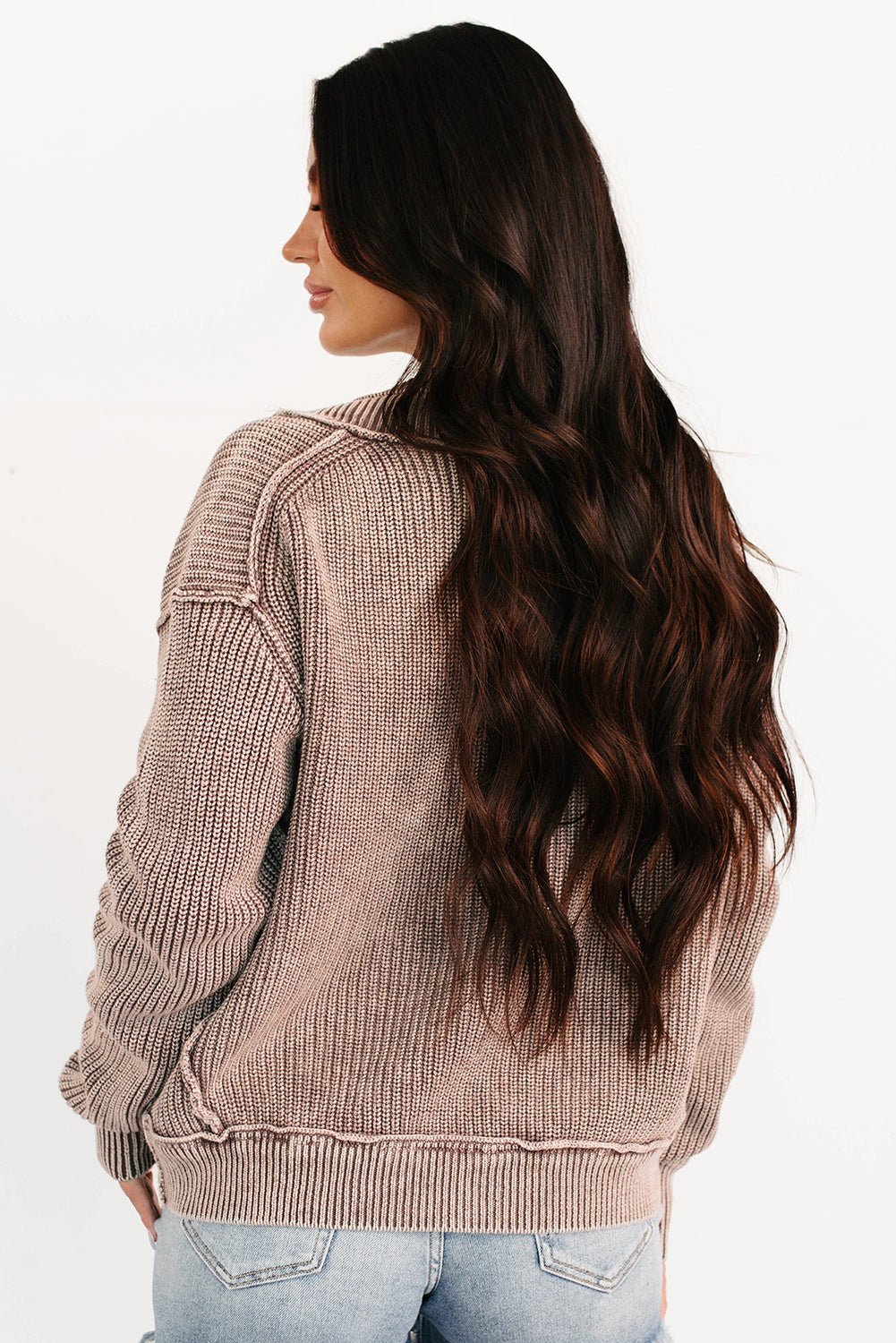 Chestnut Mineral Wash Exposed Seam Patchwork Knit Open Sweater Cardigan - Snoopy's Closet