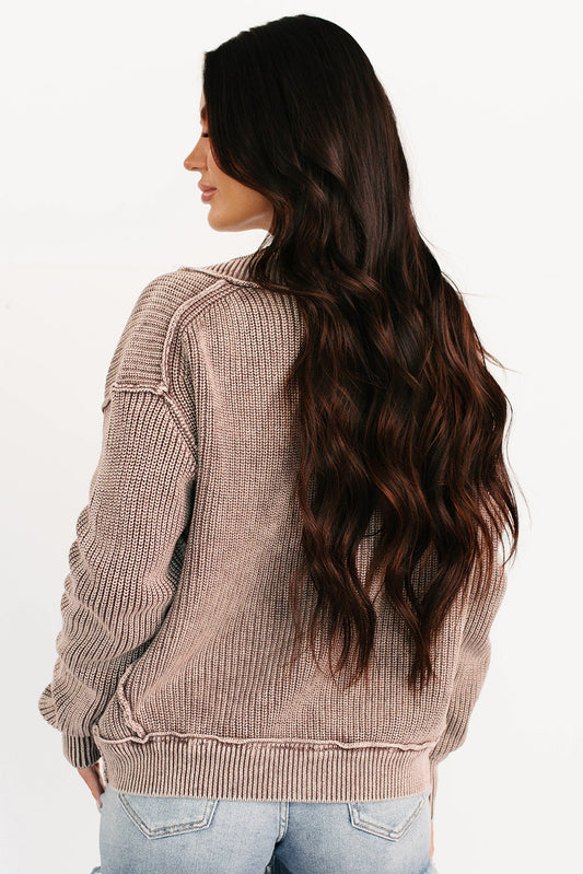 Chestnut Mineral Wash Exposed Seam Patchwork Knit Open Sweater Cardigan - Snoopy's Closet