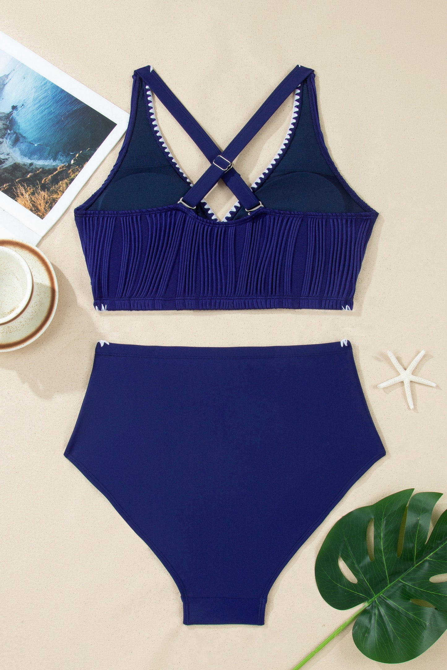 Dark Blue Shell Stitched Trim V Neck Textured Mix and Match High Waist Bikinis - Snoopy's Closet