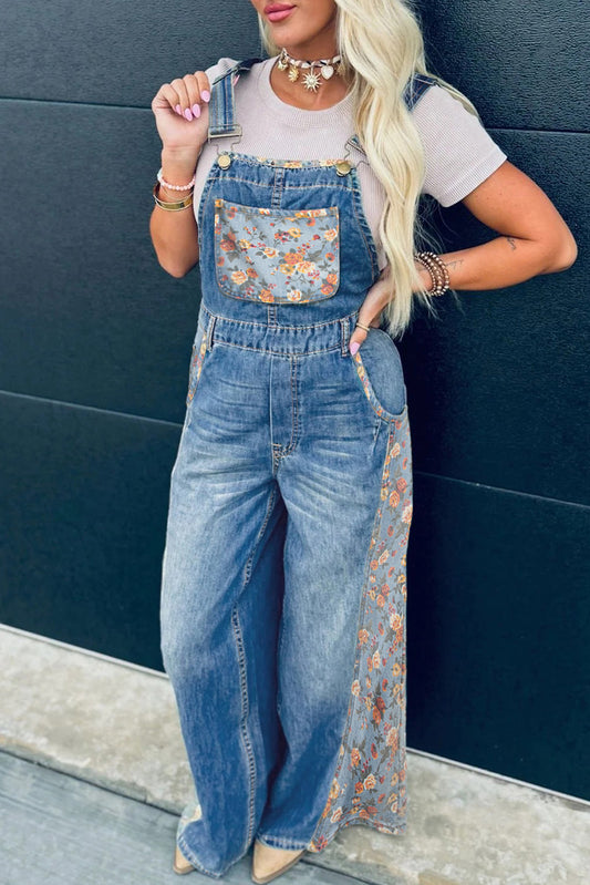 Peacock Blue Floral Patchwork Bib Denim Wide Leg Overalls - Snoopy's Closet