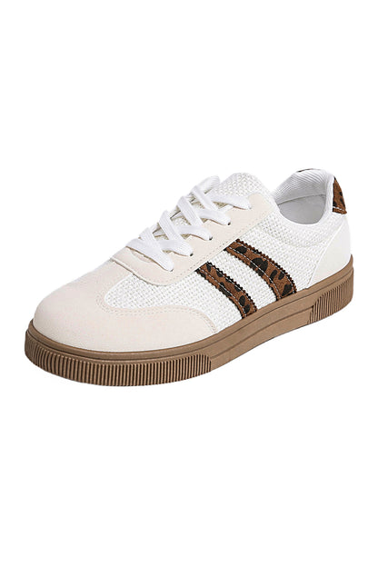 White Textured Woven PU Leather Leopard Patchwork Flat Sneakers - Snoopy's Closet