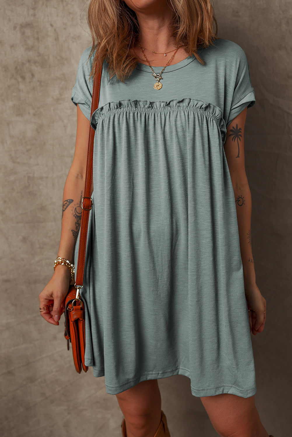 Mist Green Frilled Gathered Seam Round Neck T Shirt Dress - Snoopy's Closet