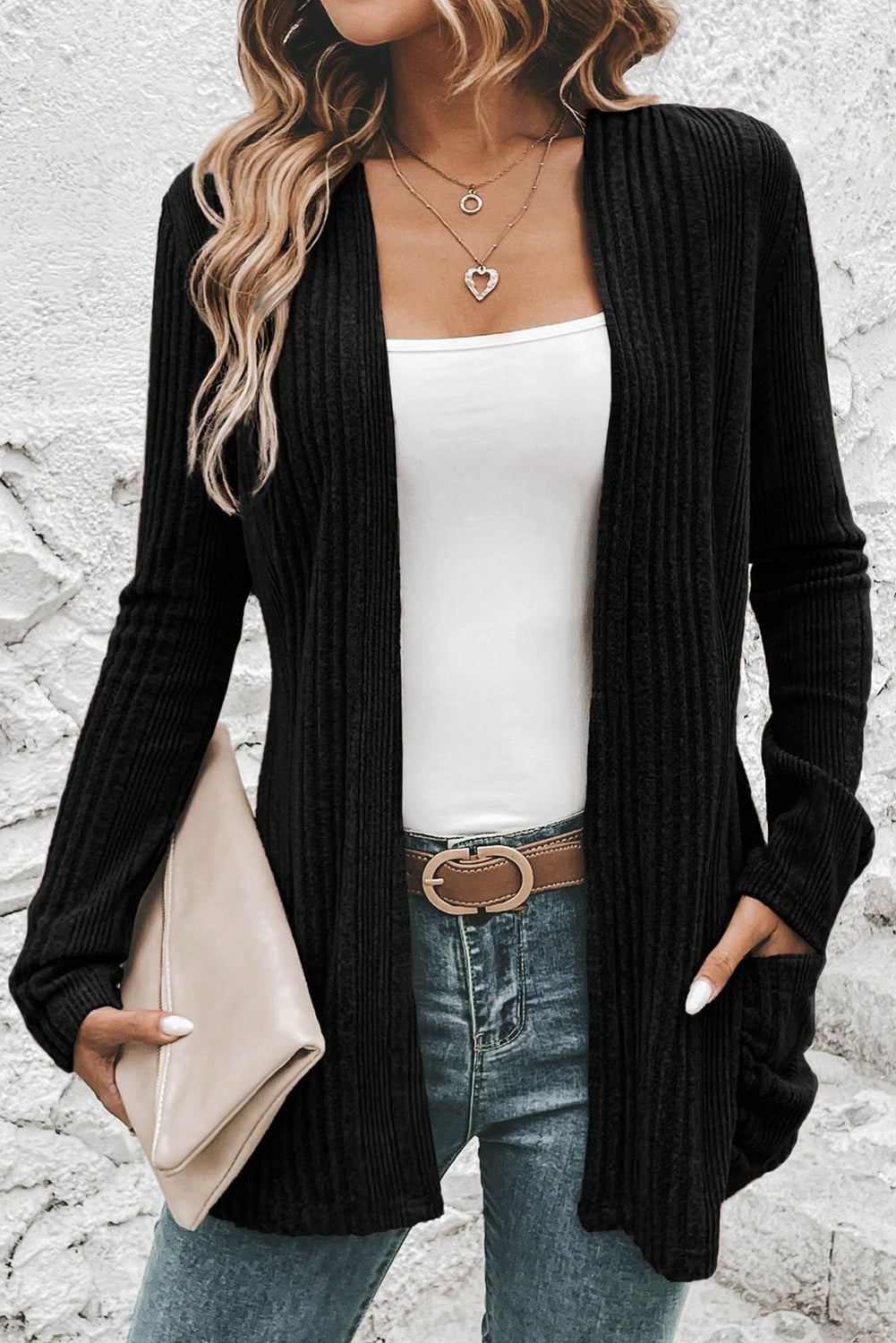 Black Ribbed Open Front Knitted Top with Pockets - Snoopy's Closet