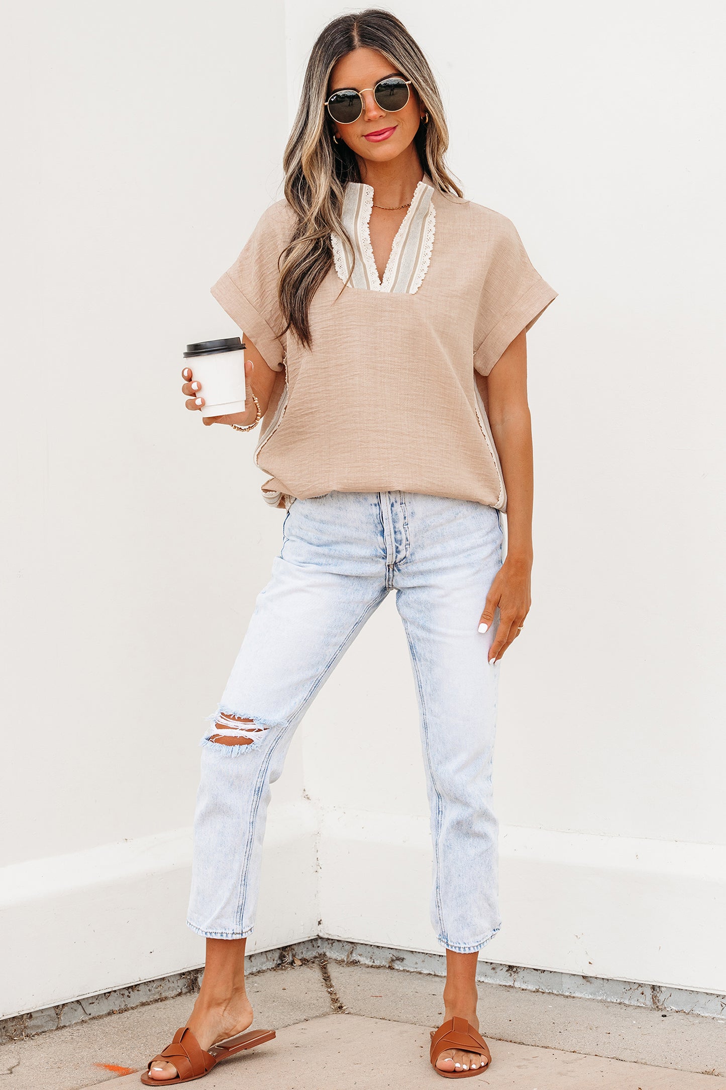 Parchment Crochet Lace Accent Pullover Rolled Short Sleeve Blouse - Snoopy's Closet