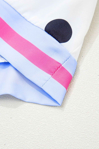 White Polka Dot Print Flutter Sleeve Striped Patchwork Babydoll Blouse