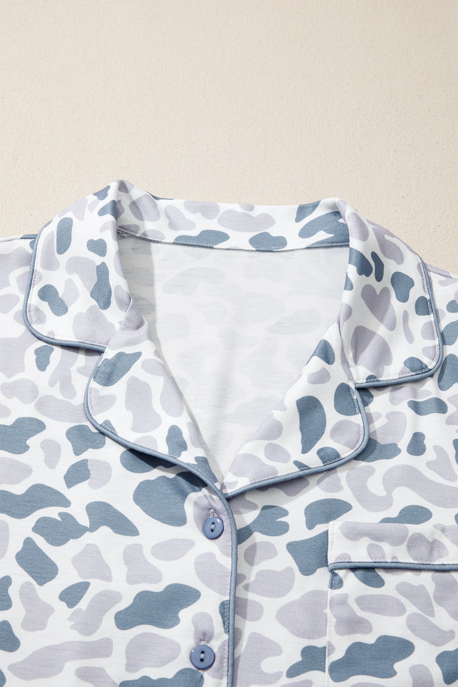 Beige Camouflage Print Lapel Shirt Drawstring 2pcs Short Pajama Set