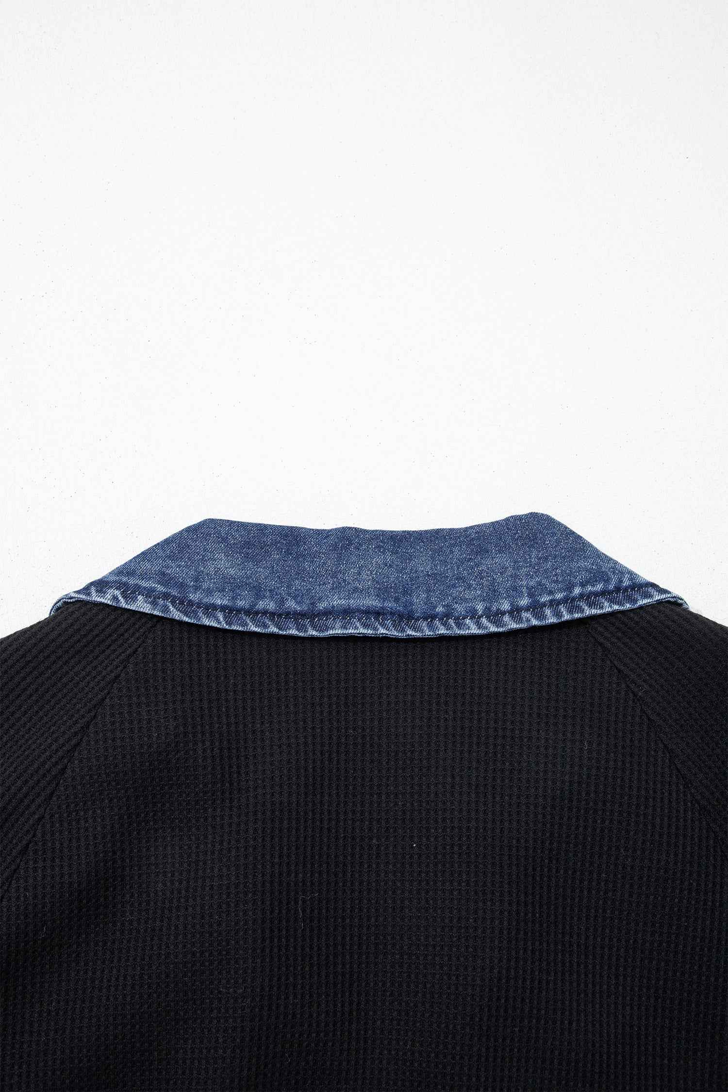 Black Waffle Knit Denim Contrast Trim Patchwork Button Polo Collar Top