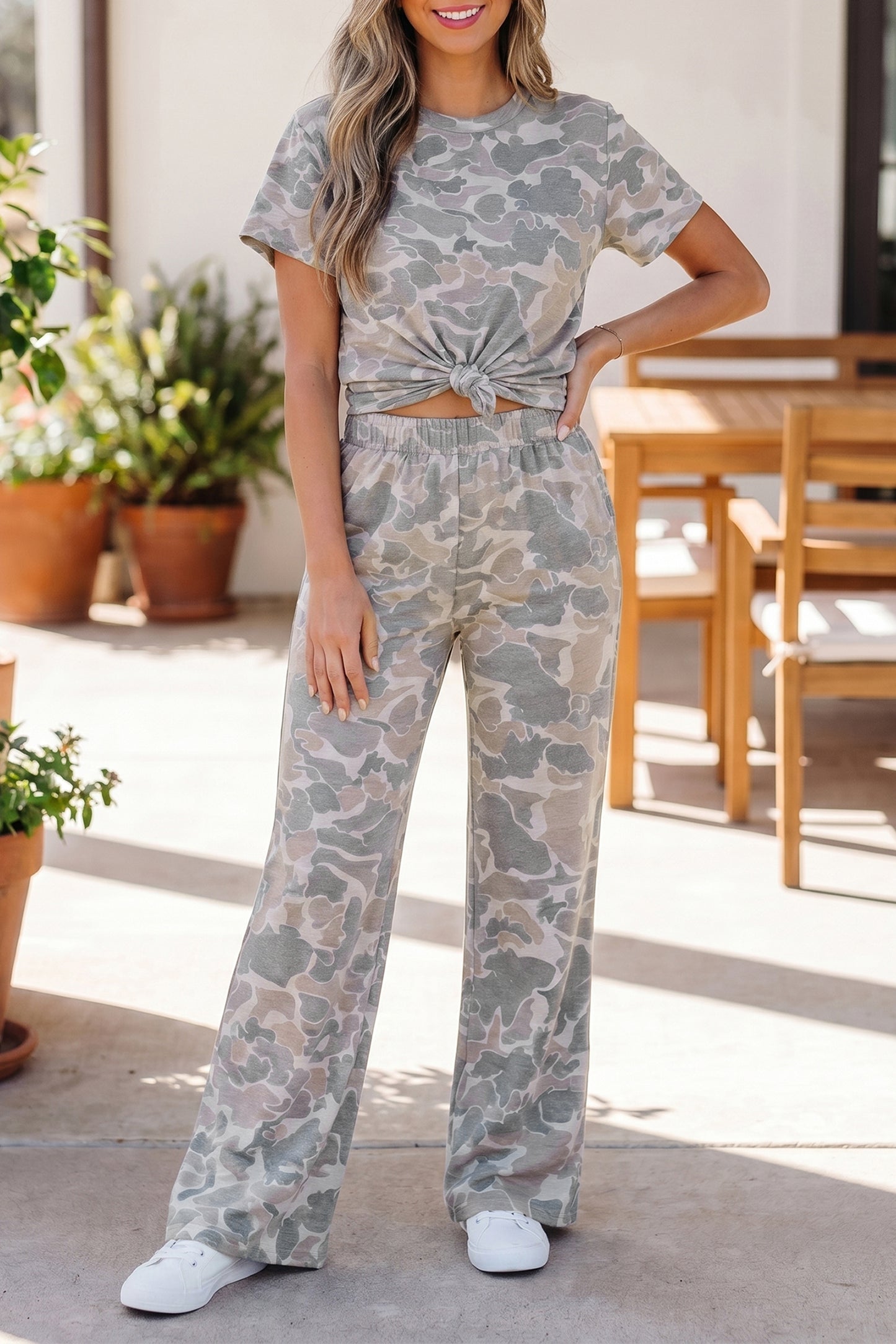 Multicolour Camouflage Short Sleeve Top and High Waist Wide Leg Pants Set - Snoopy's Closet