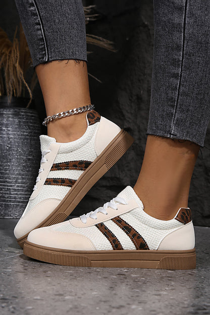 White Textured Woven PU Leather Leopard Patchwork Flat Sneakers - Snoopy's Closet