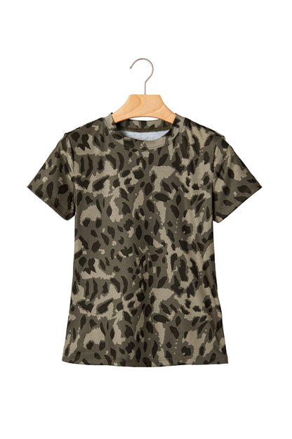 Brown Retro Leopard Print Mock Neck Slim Tee - Snoopy's Closet