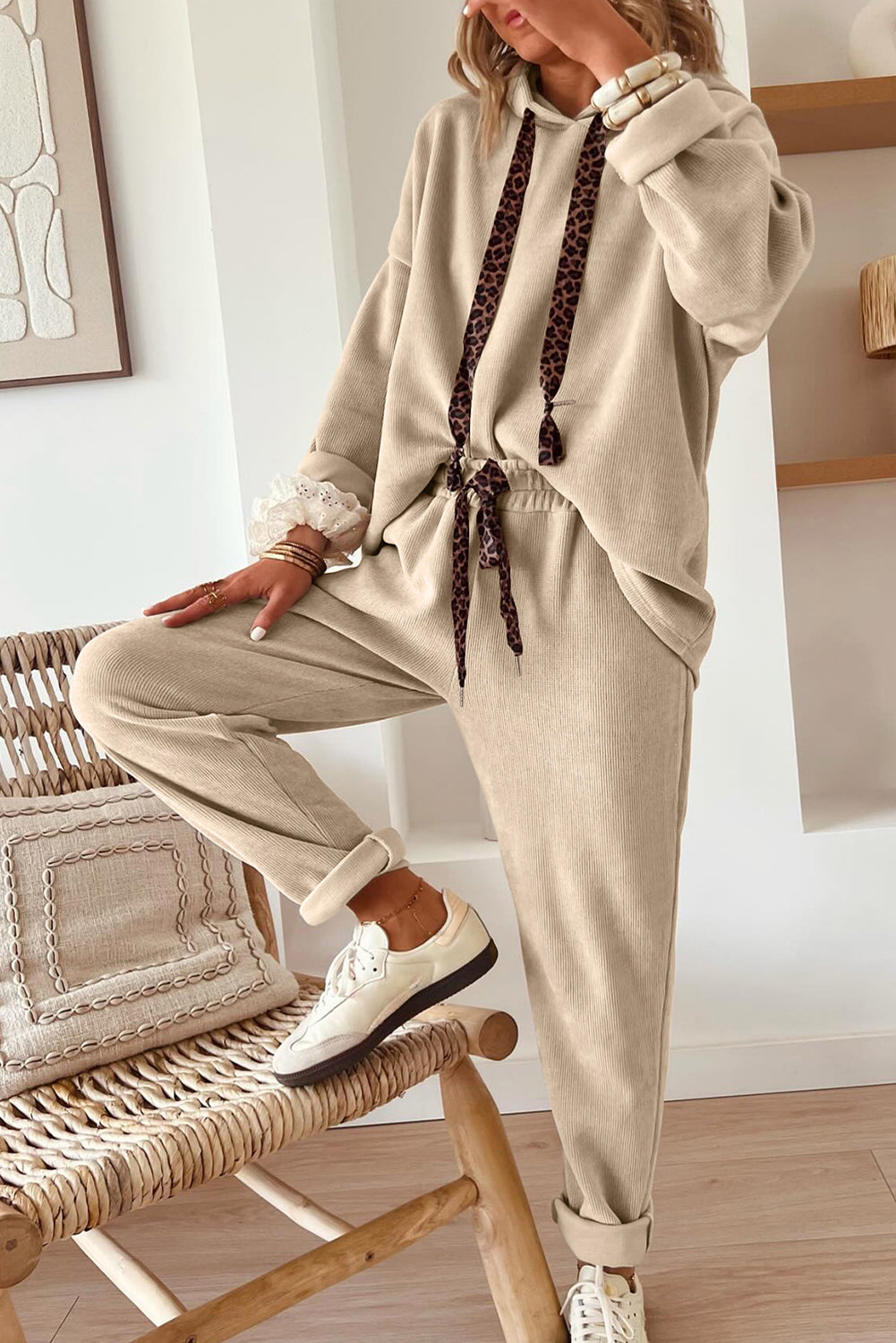 Parchment Leopard Drawstring Pullover Hoodie and High Waist Pants Corduroy Suit - Snoopy's Closet
