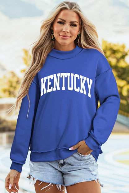 Dark Blue KENTUCKY Leopard KY Letter Print Reversible High Neck Sweatshirt - Snoopy's Closet