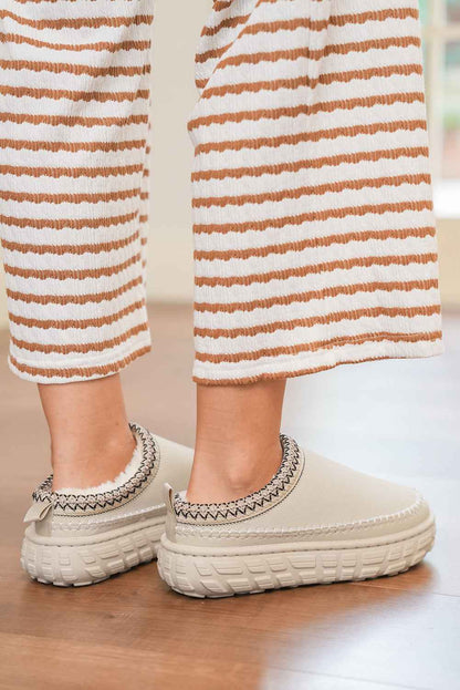 White Contrast Stitch Detail Faux Suede PU Patchwork Plush Winter Clog Slippers