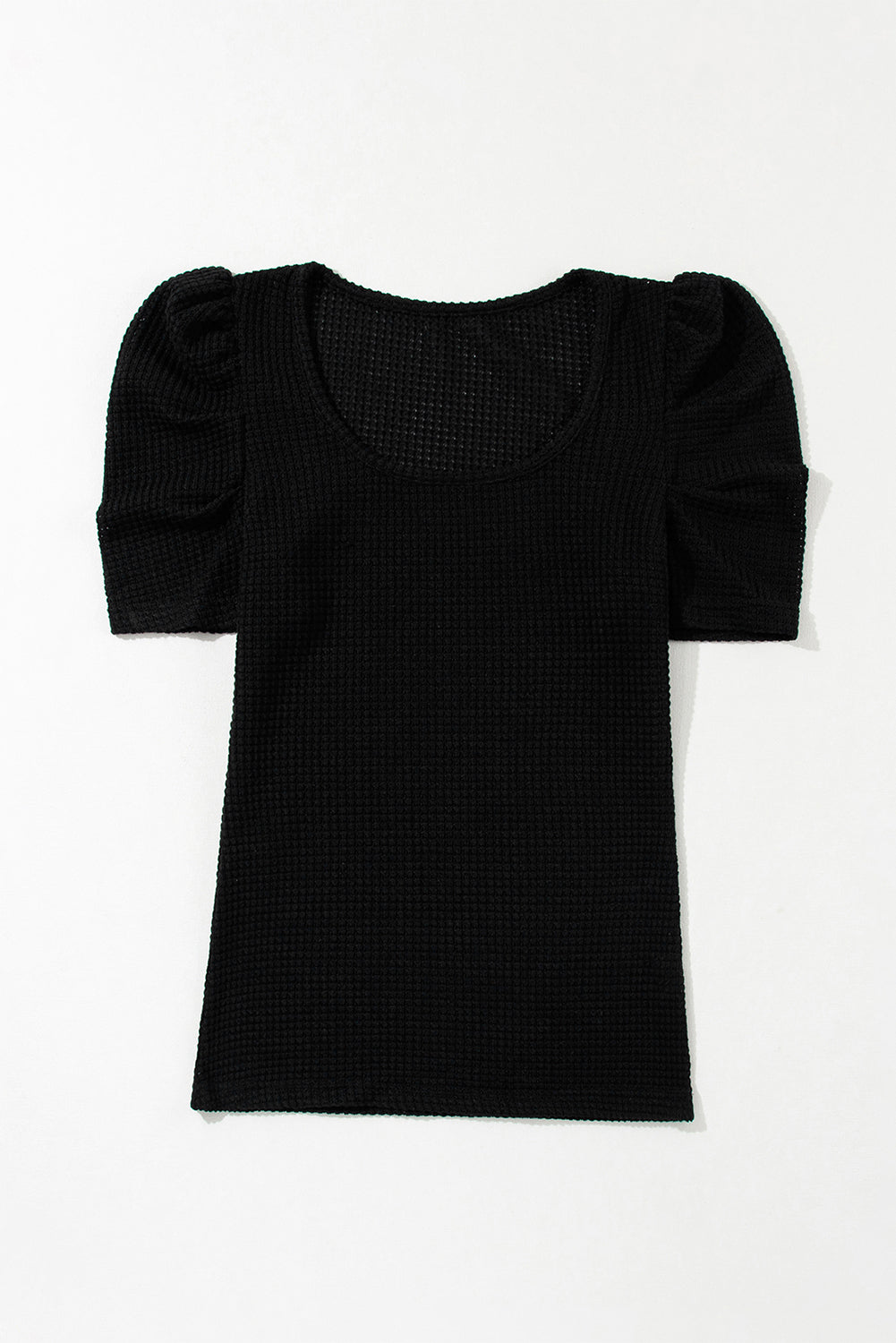 Black Waffle Knit Ruched Puff Sleeve Top - Snoopy's Closet