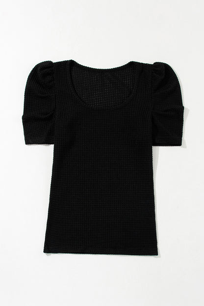 Black Waffle Knit Ruched Puff Sleeve Top - Snoopy's Closet