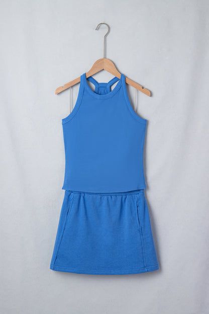 Green Slim Tank Top Elastic Waist Mini Skort 2pcs Outfit - Snoopy's Closet