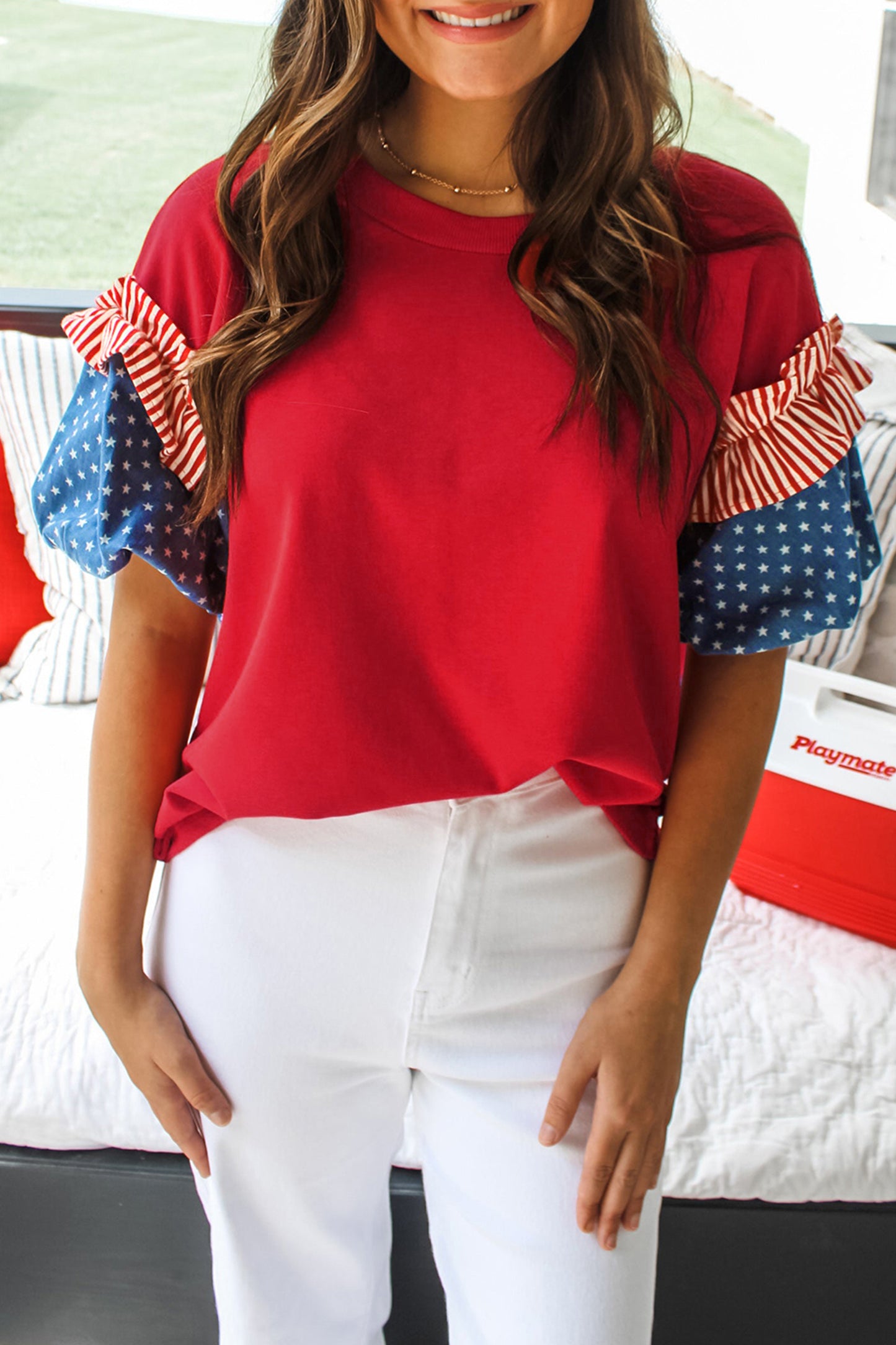 Top de manga corta abullonada Fiery Red Stars and Stripes