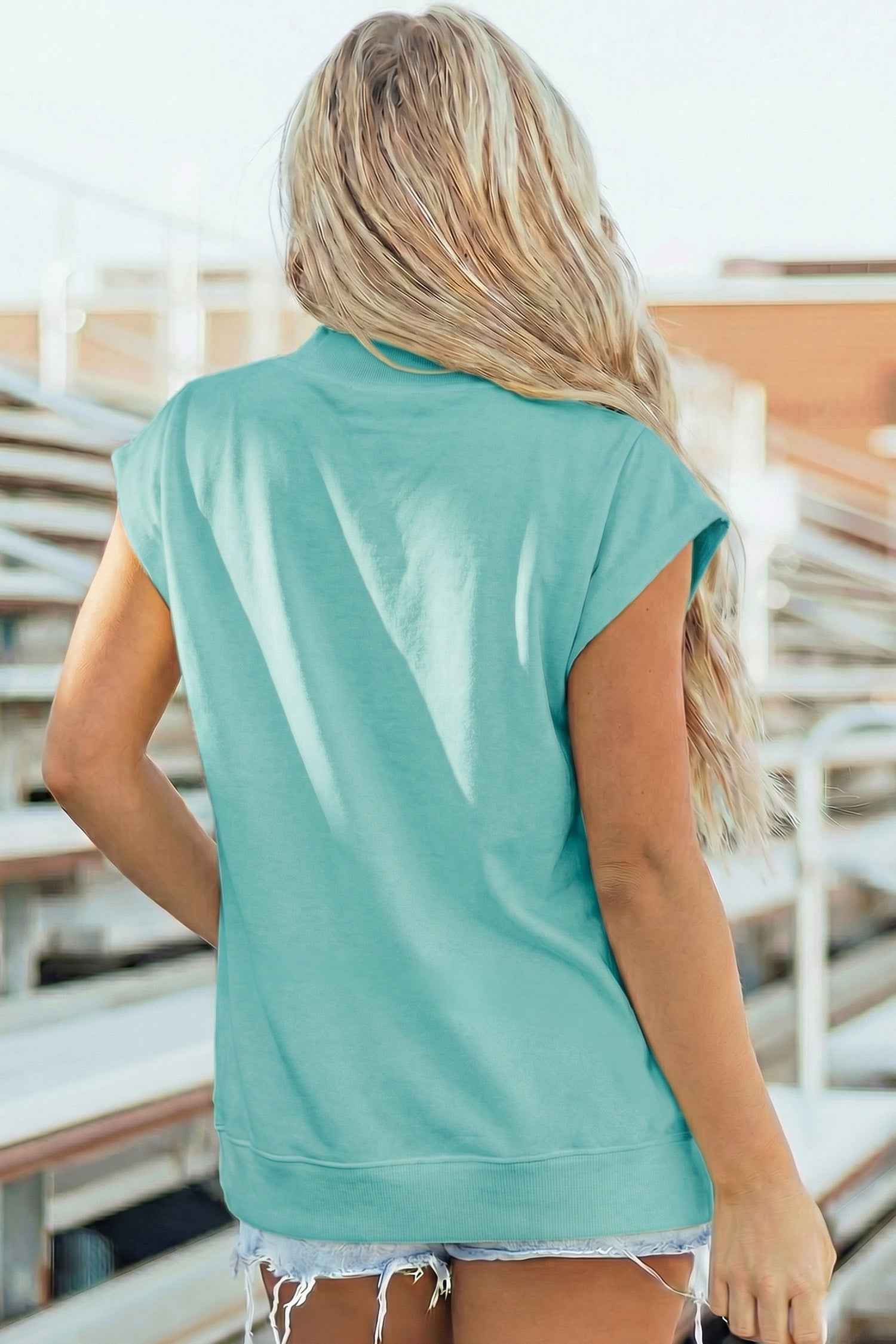 Mint Green Solid Color High Neck Cap Sleeve Loose Top