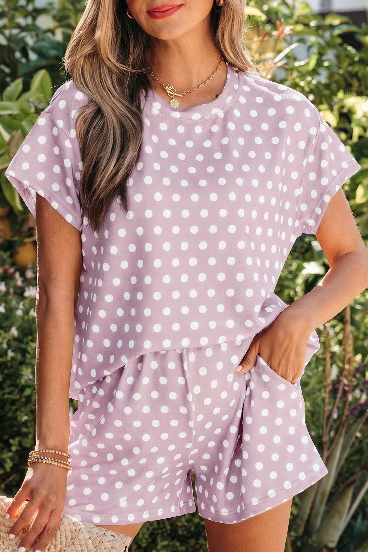 Purple Polka Dot Print Short Set - Snoopy's Closet