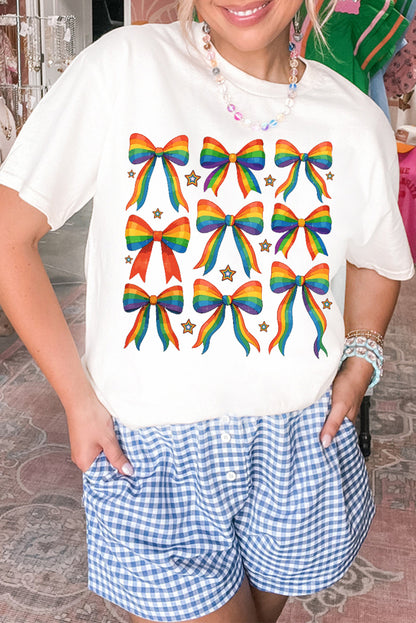 Camiseta de mezcla de algodón con estampado de estrellas y lazo, orgullo blanco