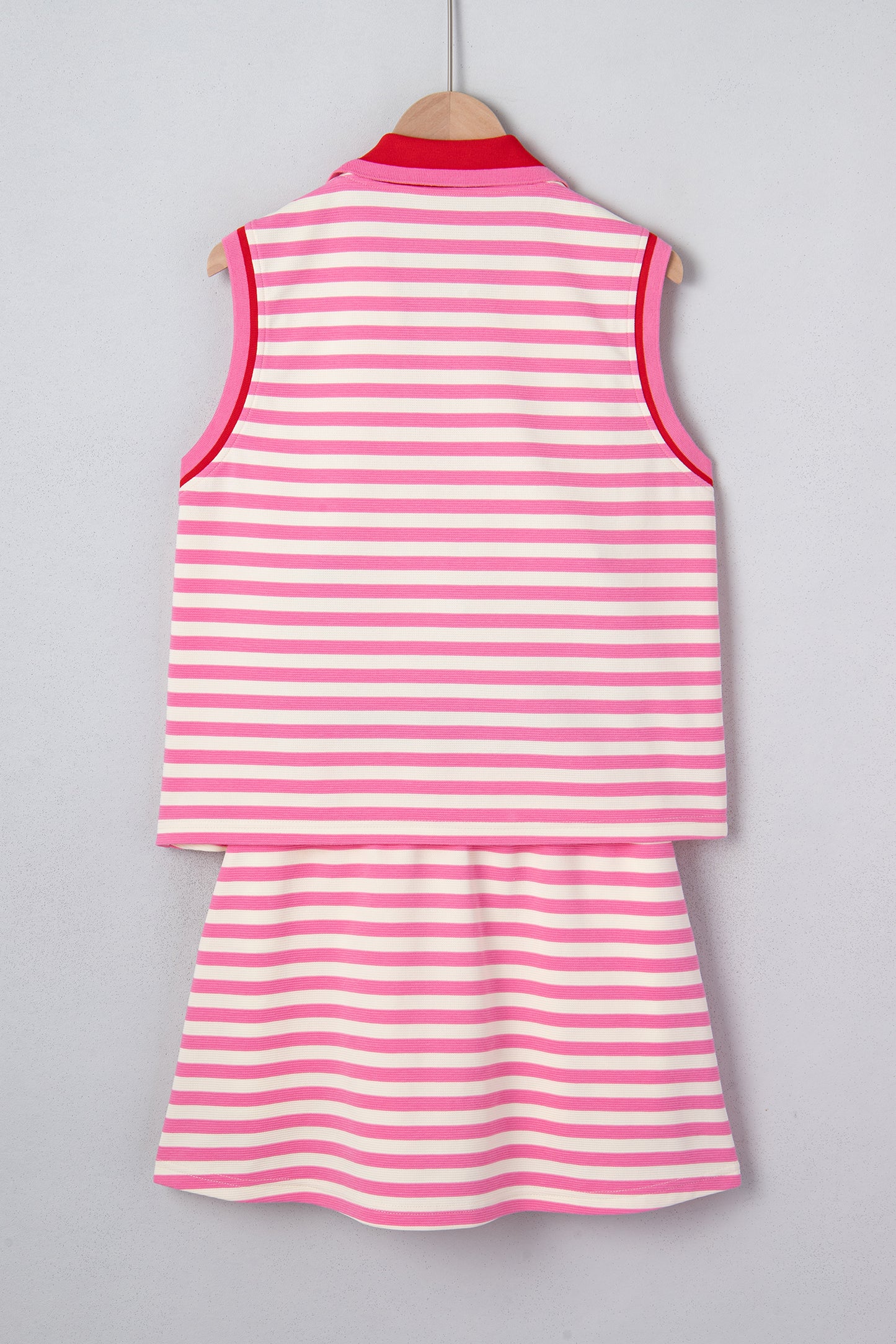Sachet Pink Textured Stripe Print Contrast Trim Zip Collar Sleeveless 2pcs Skort Set - Snoopy's Closet