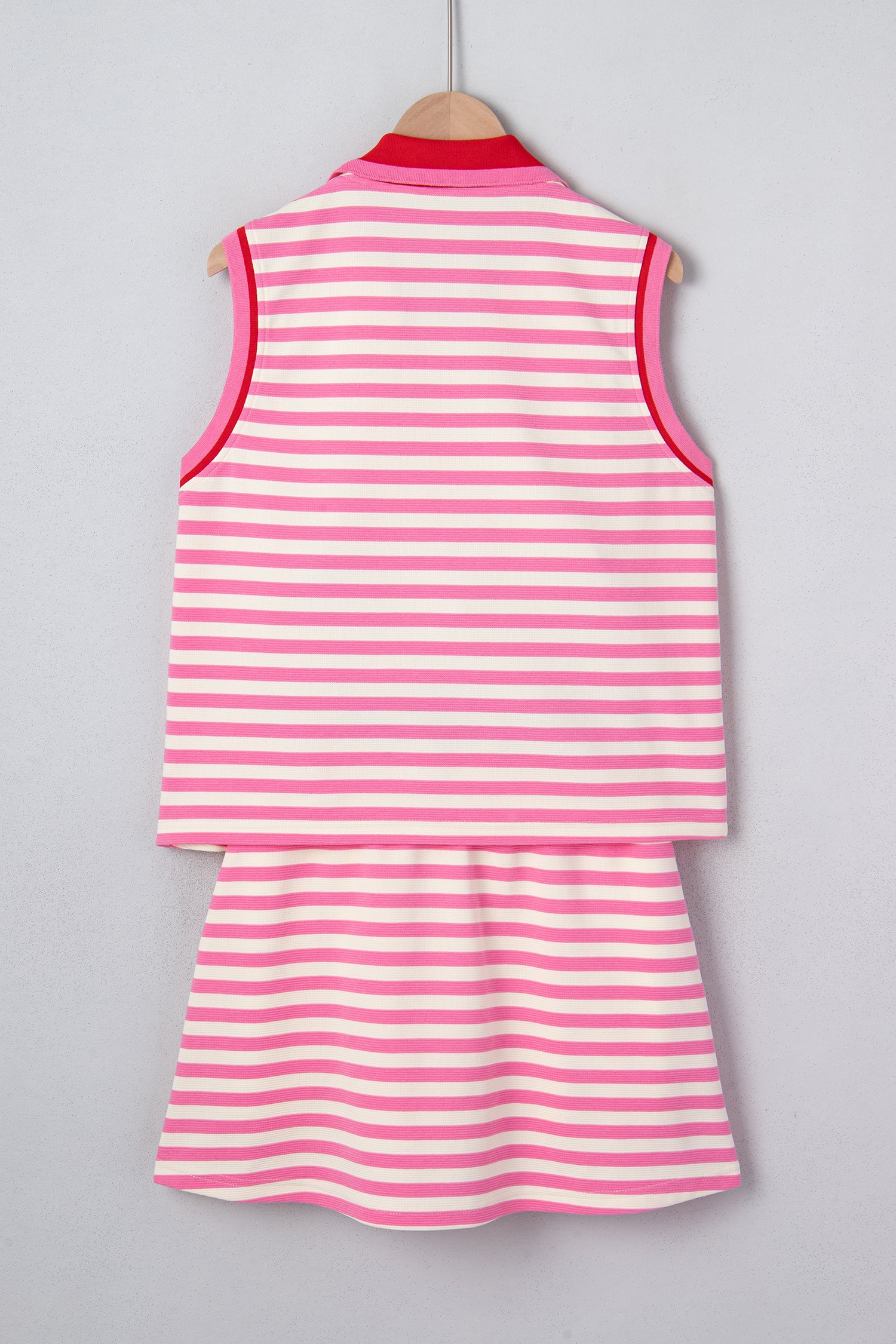 Sachet Pink Textured Stripe Print Contrast Trim Zip Collar Sleeveless 2pcs Skort Set - Snoopy's Closet