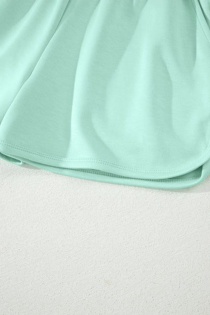Moonlight Jade Solid Color Exposed Seam Mock Neck Oversize Tee Casual Shorts 2pcs Outfit - Snoopy's Closet