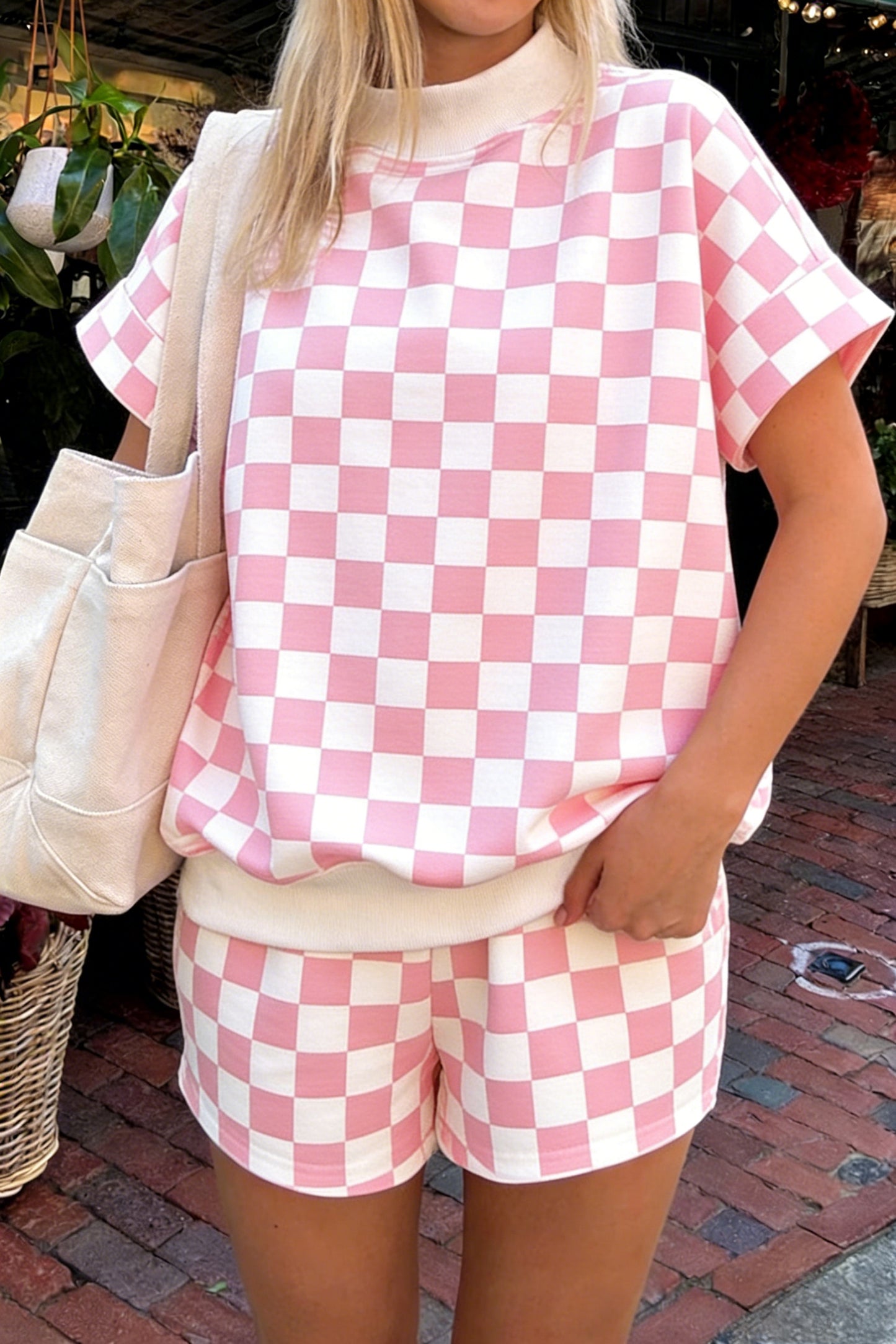 Pink Checkered Print Color Block Trim Mock Neck Short Set - Snoopy's Closet