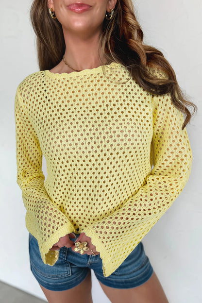 Blusa de punto calada de manga larga amarilla con ribete festoneado