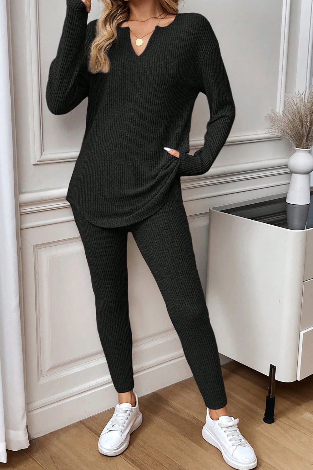 Black Ribbed Notched Neck Knit Long Sleeve Leggings Two Pieces Lounge Set - Snoopy's Closet