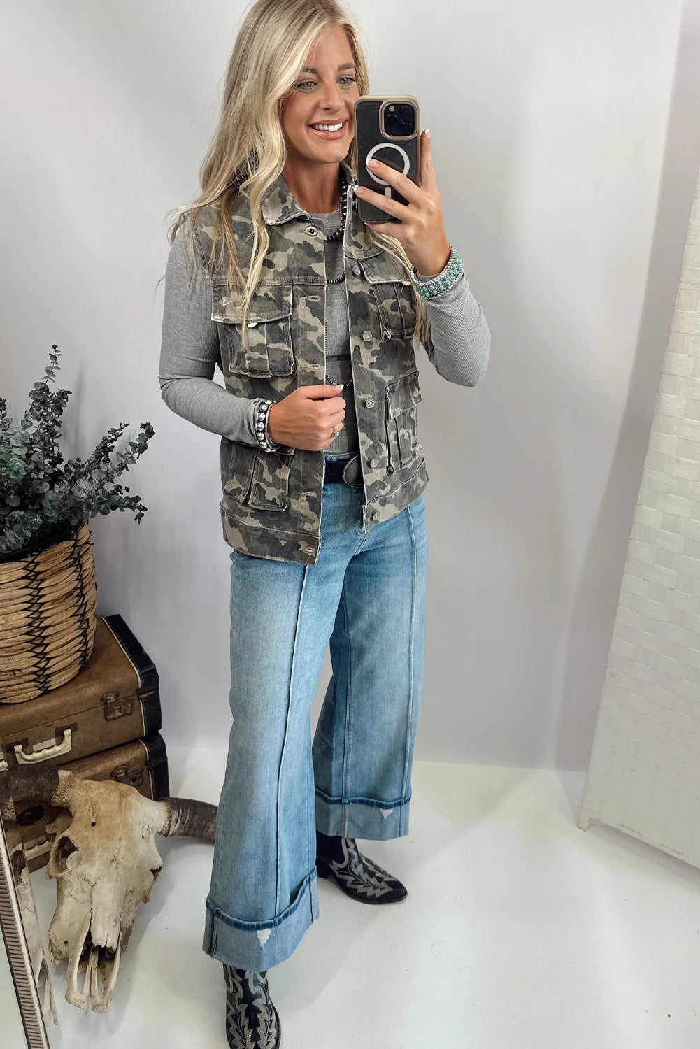 Chaleco vaquero de camuflaje verde tipo cargo