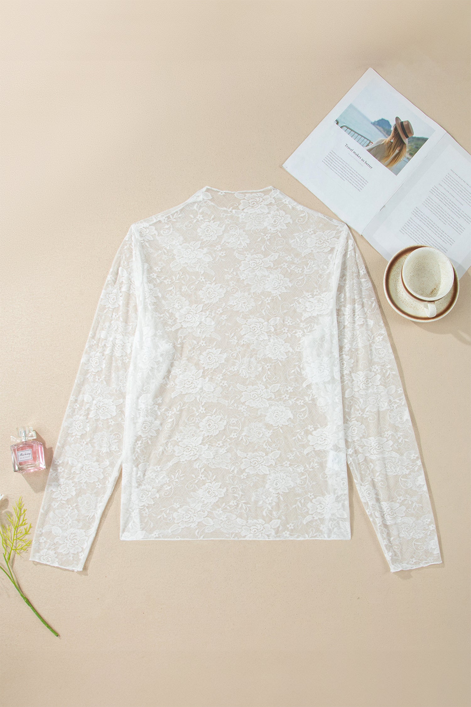 White Plus Size Floral Mesh Long Sleeve Top - Snoopy's Closet
