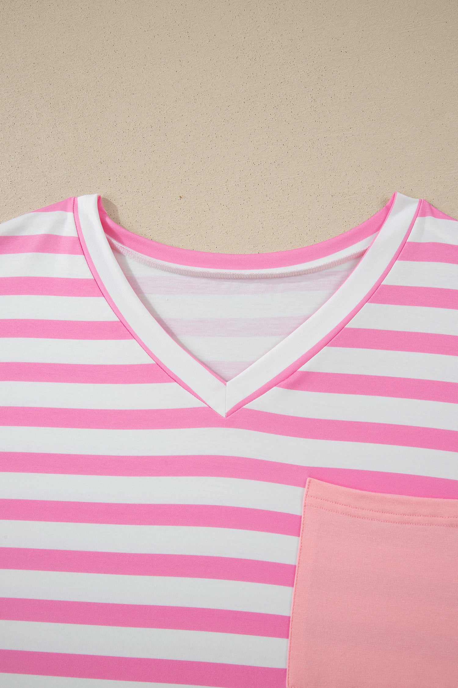 Pink Stripe Colorblock Patched Pocket V Neck Plus Size Tee - Snoopy's Closet